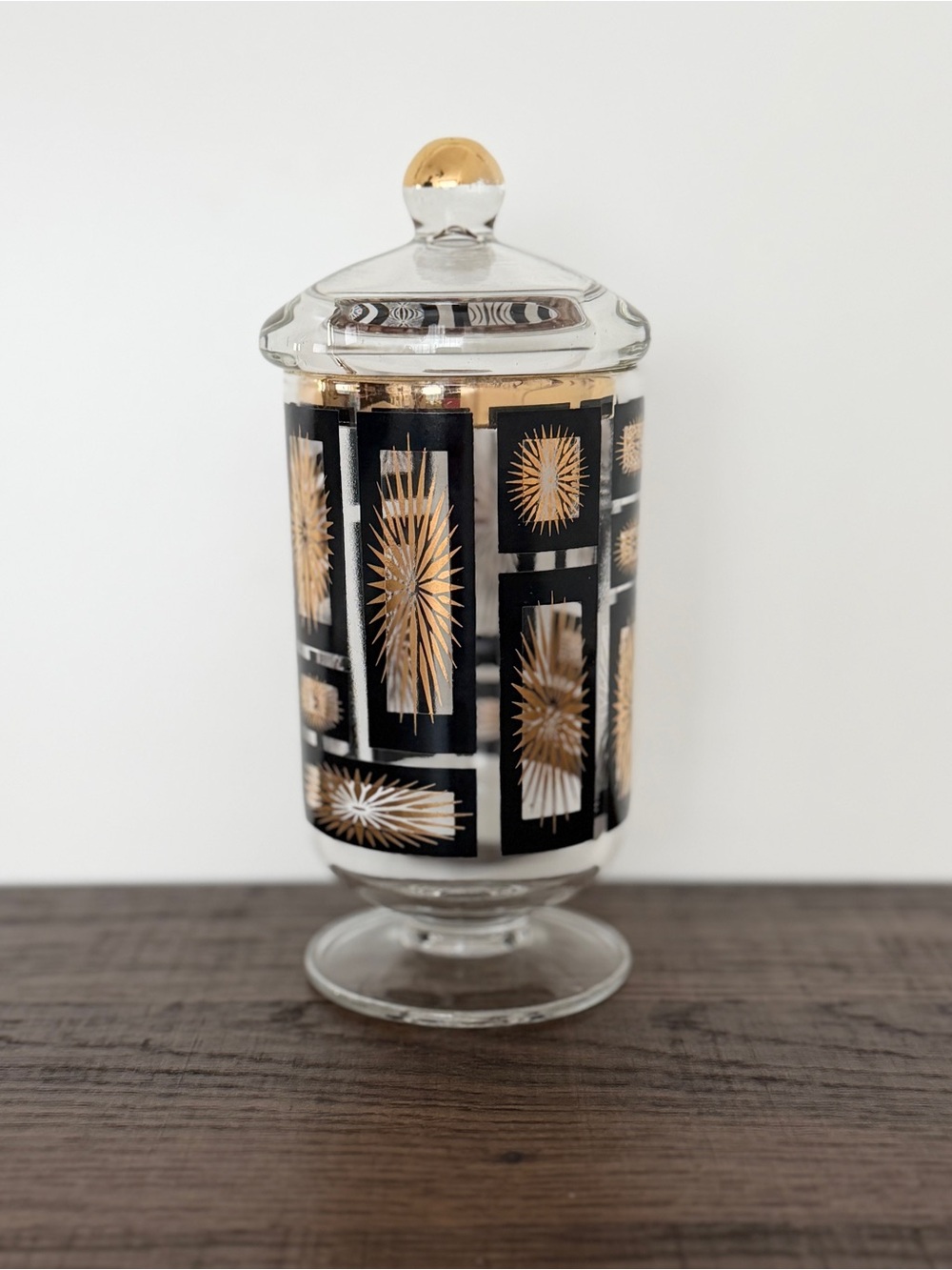 Vintage MCM Jeannette Glass‎ Atomic Starburst Lidded Apothecary Jar Black Gold